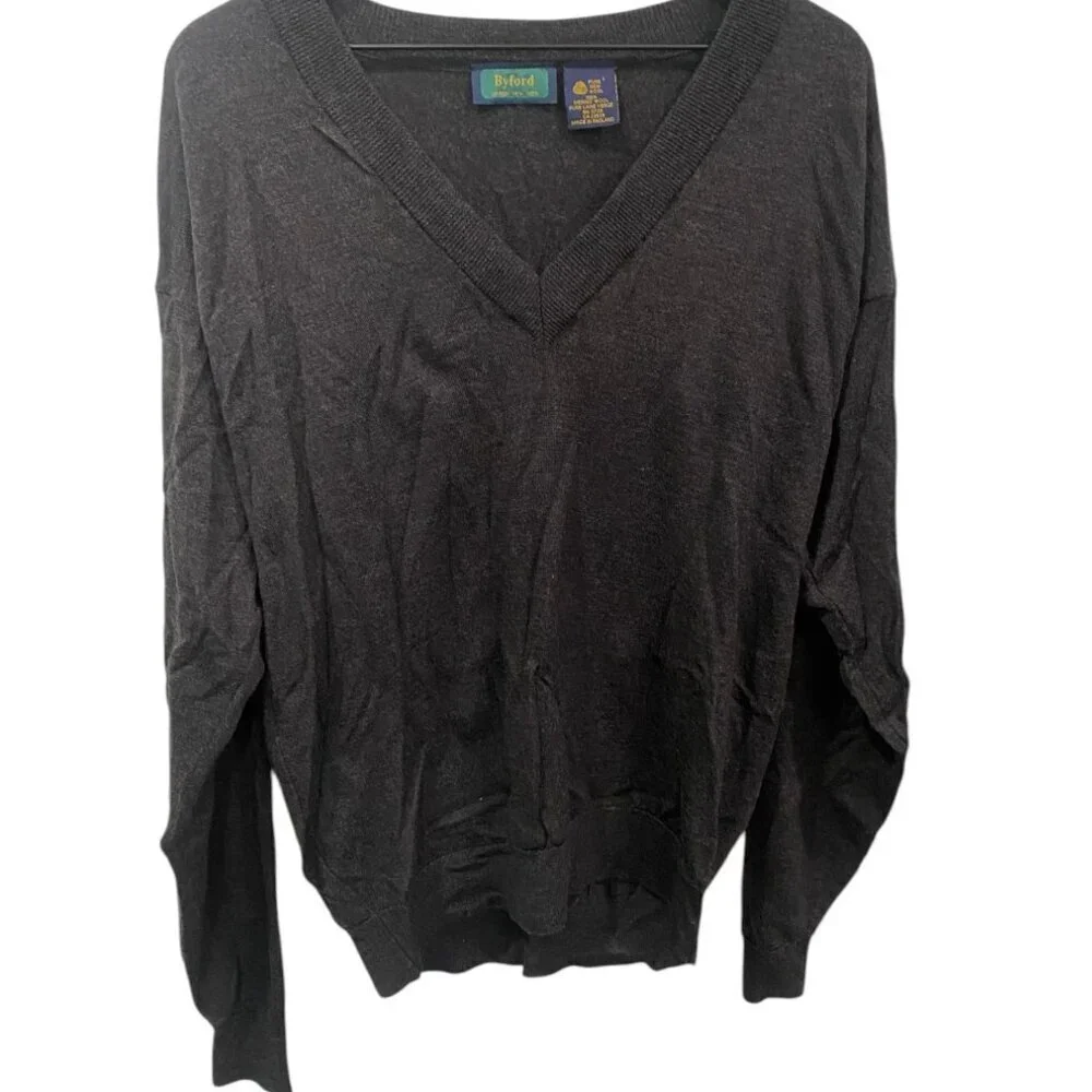 Vintage Byford 100% Merino Wool Gray V Neck Cardigan Sweater Size L England Made
